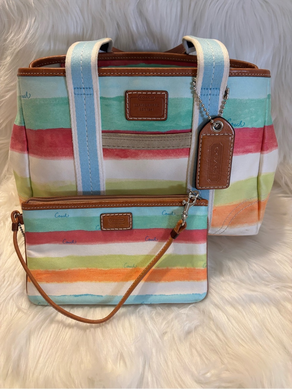 Coach Hampton Multicolor Striped Canvas Tote and Wristlet, Pastel Stripes w/COA